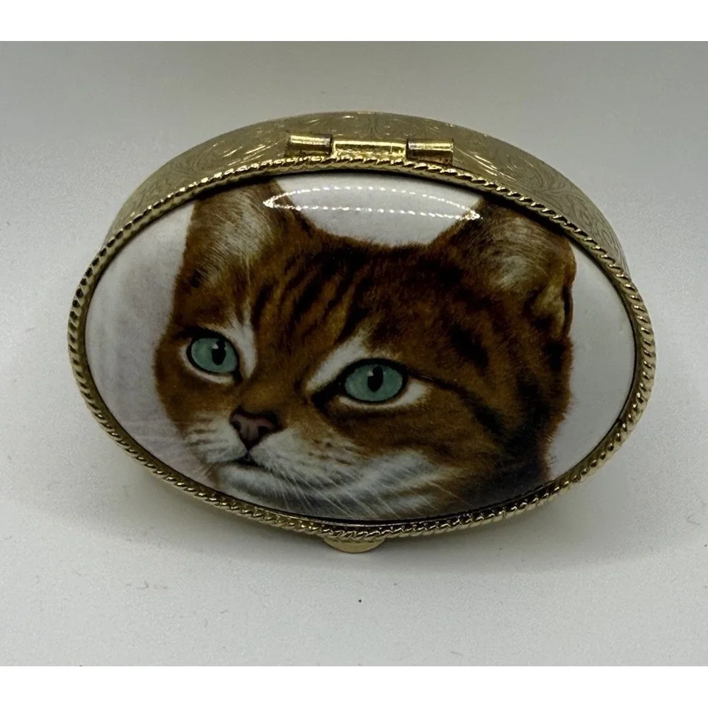 Orange Tabby Kitty Cat Trinket Box Pill Box Miniature Ceramic Top Gold Tone